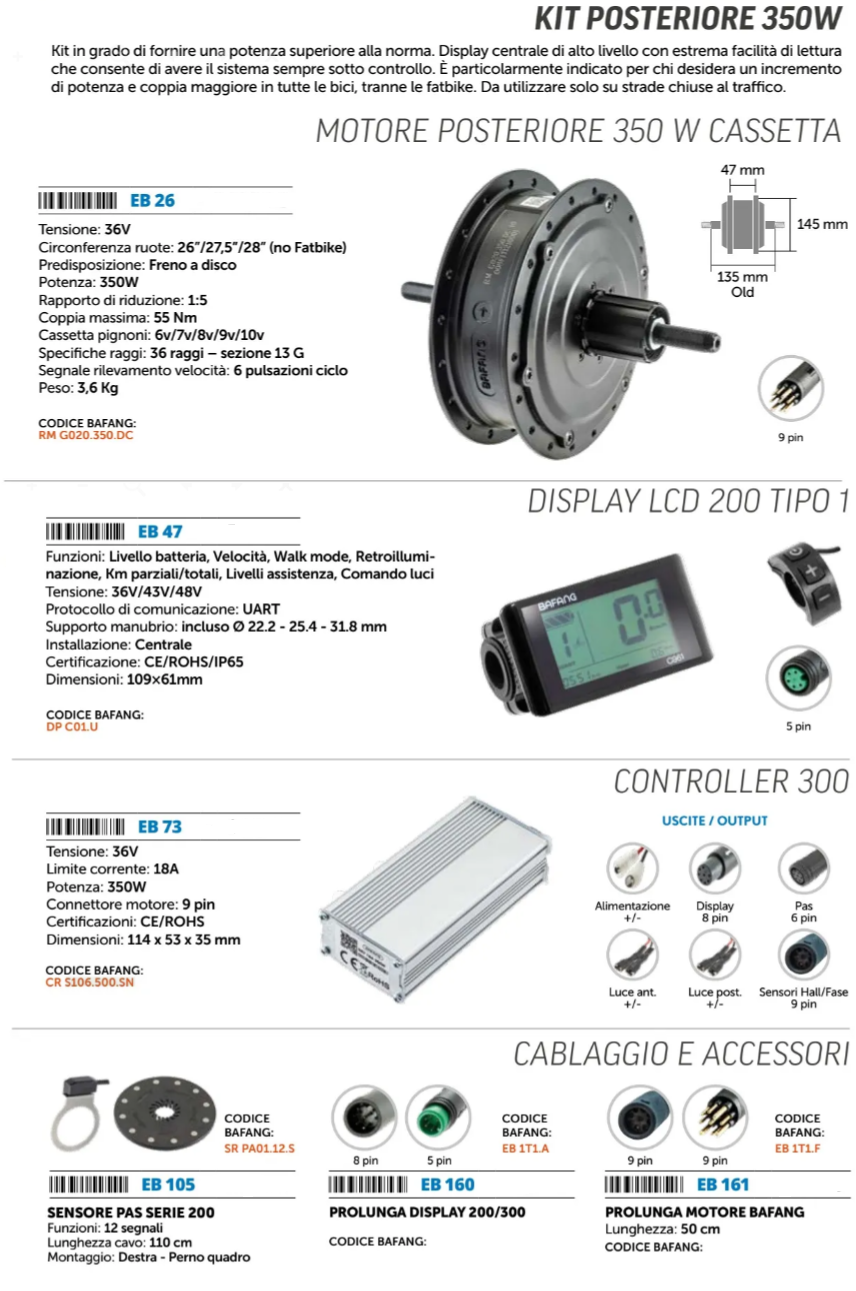 Kit "Posteriore a cassetta" Bafang: Motore posteriore 350W - Display - Sensore velocità - Controller - Prolunga